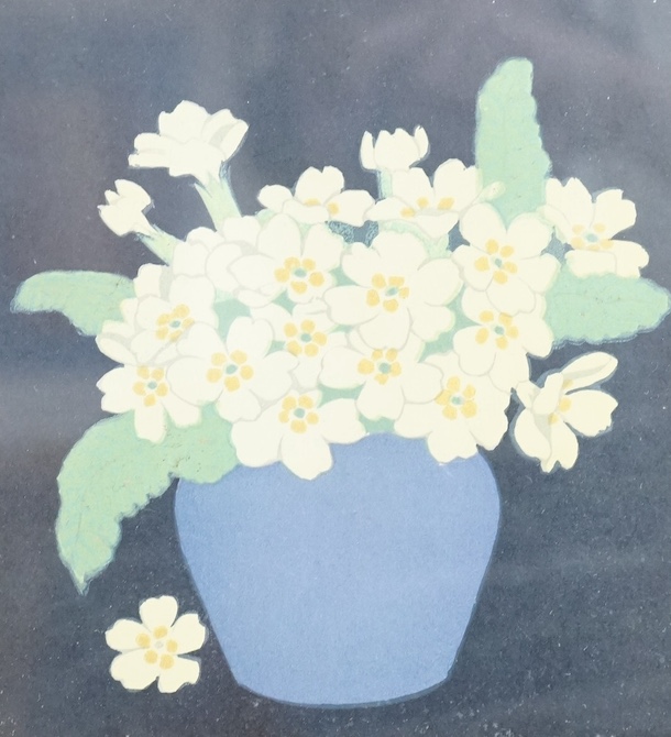 John Hall Thorpe (1874-1947), woodblock print, ‘Primroses’, signed in pencil, copyright USA 1922, 26 x 22cm. Condition - fair